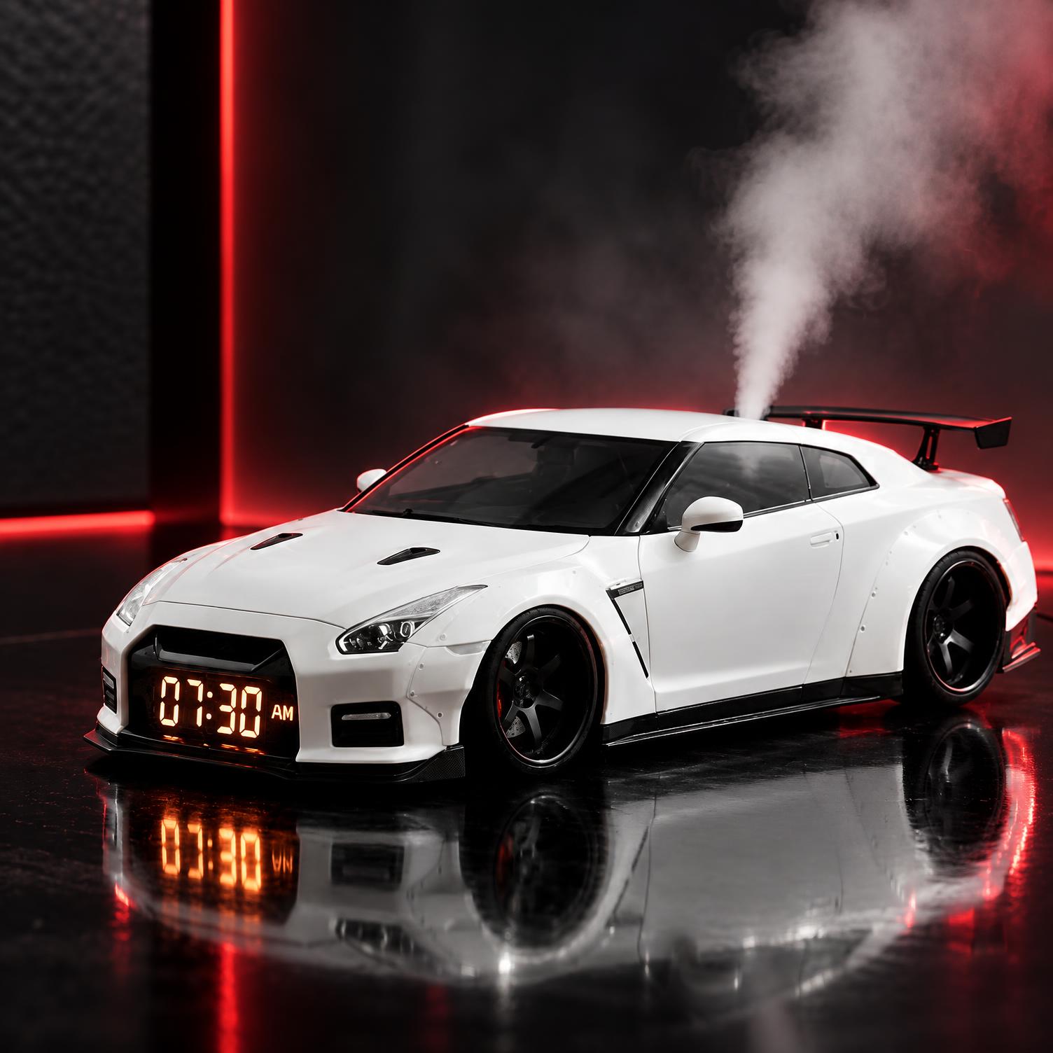 White supercar alarm clock with mist